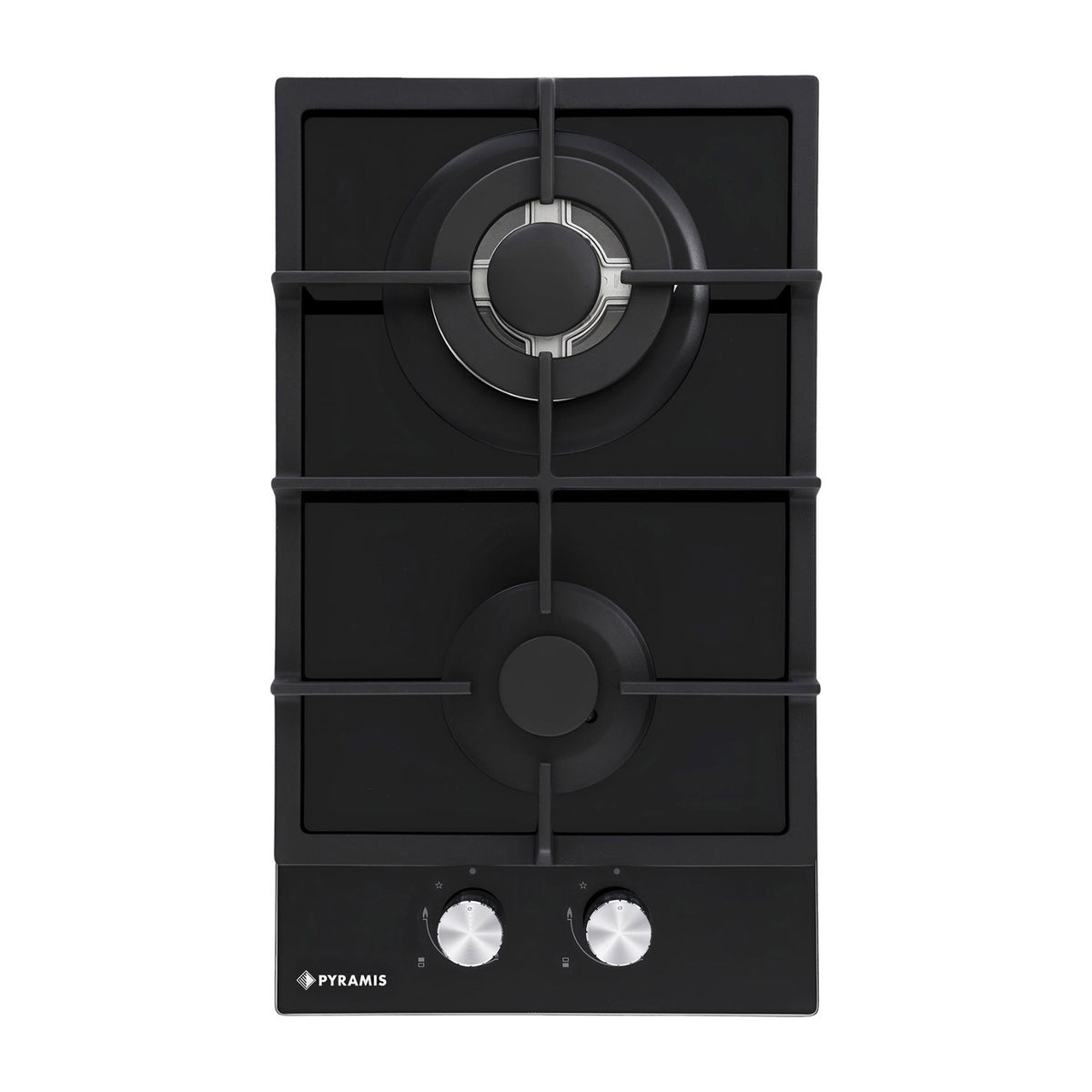 Plita gaz domino Pyramis 493 Wok Black Glass, dimensiune 30x52cm, 2 arzatoare, gratare fonta, butoane frontale