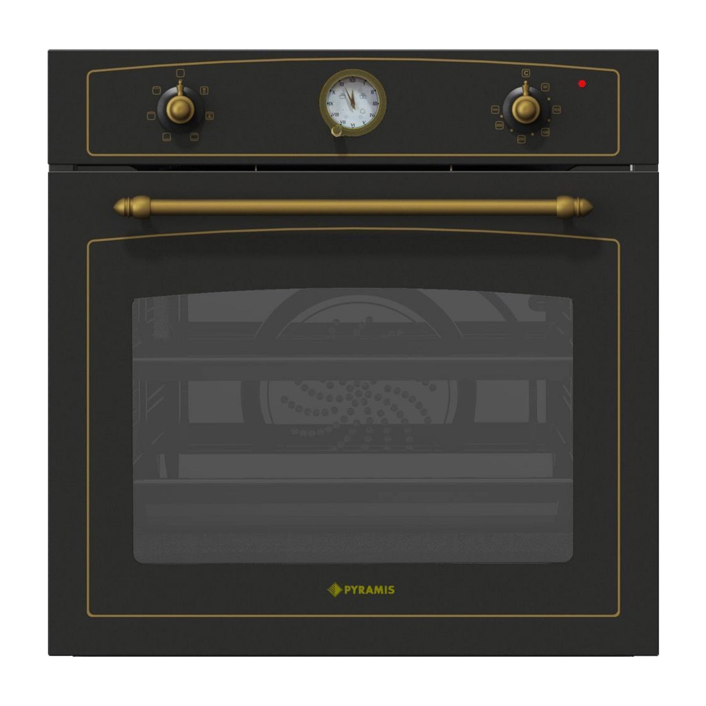 Set Rustic Pyramis 8070, cuptor electiric 6 functii, clasa A, volum 64 litri, ceas analog si plita gaz, wok, gratare fonta, finisaj antichizat