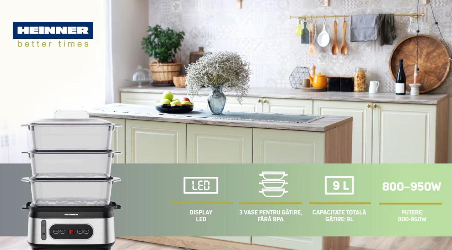 Aparat de gatit cu aburi Heinner HSA-D950SS, 950W, display LED, 1.5 litri - EpicHome
