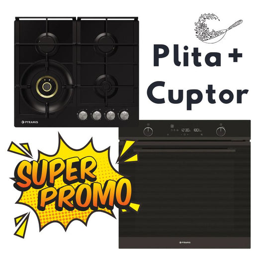 Pachet Plita Wok + Cuptor electric | Plita pe gaz Pyramis 2.0 Wok HONEY Comb Black Glass + Cuptor electric Pyramis PO78094010EBL? Full Black Glass - EpicHome