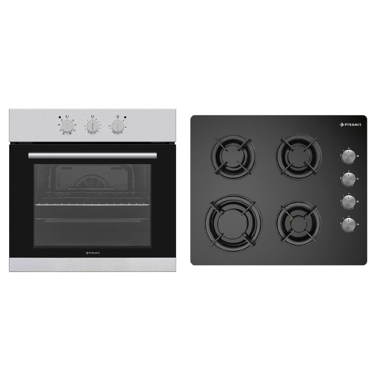 Pachet Pyramis 12P, cuptor electric incorporabil si plita gaz, 8 functii, clasa A, volum 69 litri, butoane rotative, Grill, 4 arzatoare, gratare emailate, finisaj sticla neagra si inox - EpicHome.ro