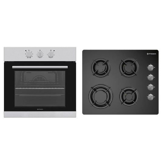 Pachet Pyramis 12P, cuptor electric incorporabil si plita gaz,  8 functii, clasa A, volum 69 litri, butoane rotative, Grill, 4 arzatoare, gratare emailate, finisaj sticla neagra si inox - EpicHome.ro