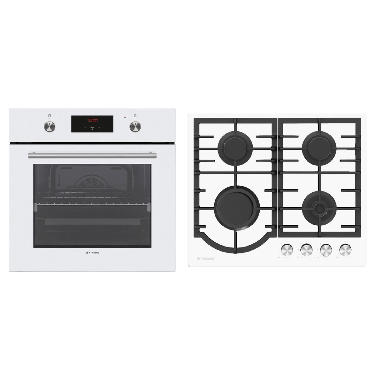 Pachet Pyramis 13P, cuptor electric incorporabil si plita gaz, 8 functii, clasa A, volum 69 litri, butoane retractabile, Soft Close, 4 arzatoare, gratare fonta, finisaj sticla alba - EpicHome.ro