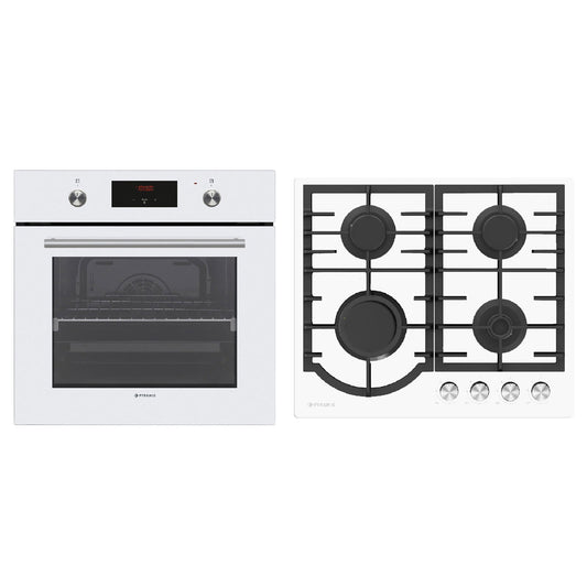 Pachet Pyramis 13P, cuptor electric incorporabil si plita gaz, 8 functii, clasa A, volum 69 litri, butoane retractabile, Soft Close, 4 arzatoare, gratare fonta, finisaj sticla alba - EpicHome.ro
