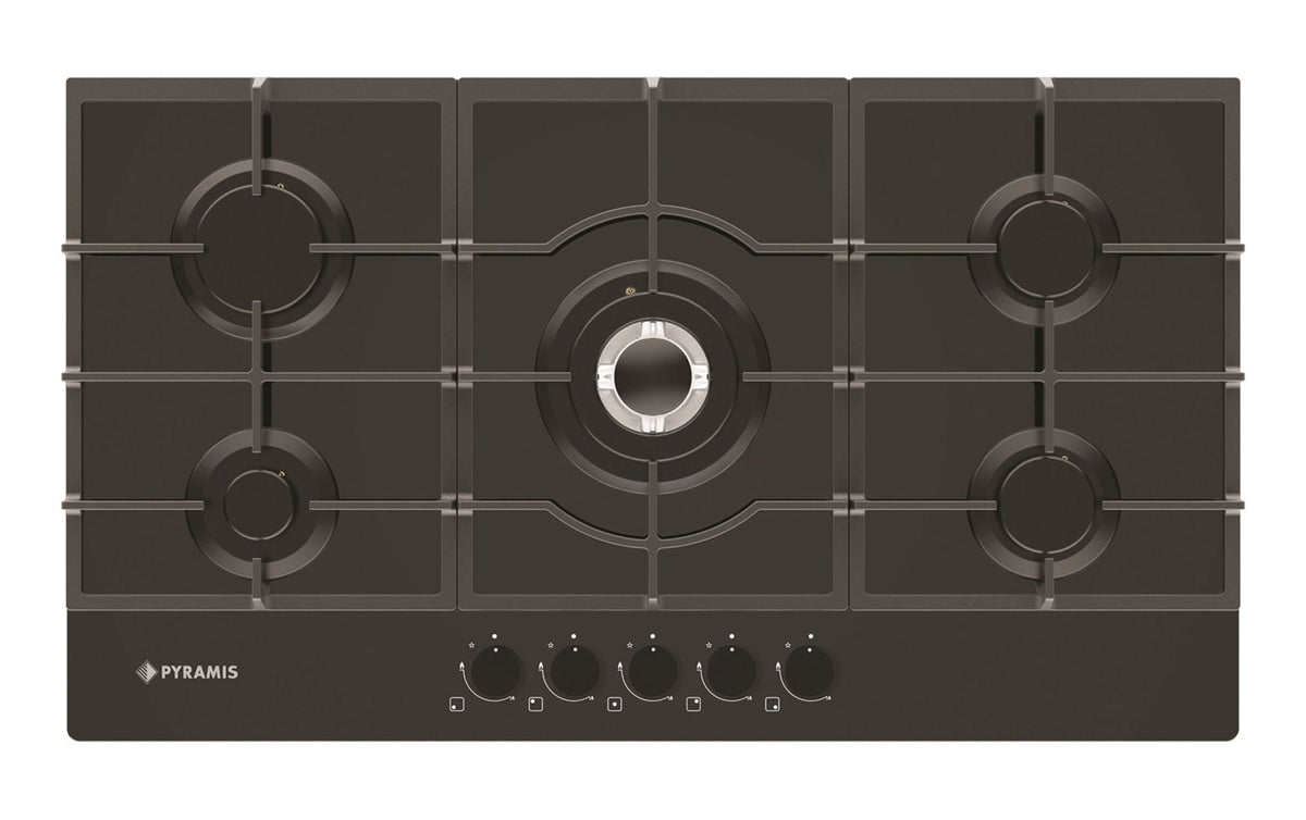 Plita gaz Pyramis 5.90 Black Glass, Wok, gratare fonta, 90x51 cm - EpicHome.ro