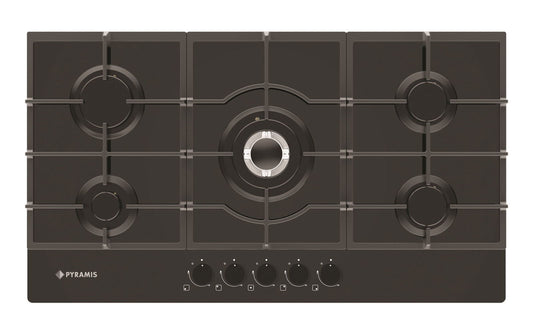 Plita gaz Pyramis 5.90 Black Glass, Wok, gratare fonta, 90x51 cm - EpicHome.ro