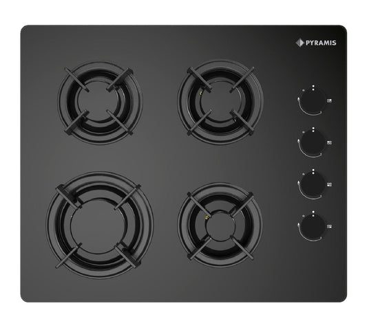Plita gaz Pyramis 5335.02.01 Black Glass, gratare individuale emailate, 60x51 cm - EpicHome.ro