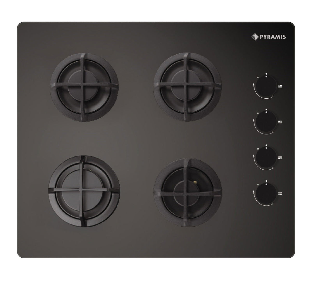 Plita gaz Pyramis 5343.01 Black Glass, gratare individuale fonta, 60x51 cm - EpicHome.ro