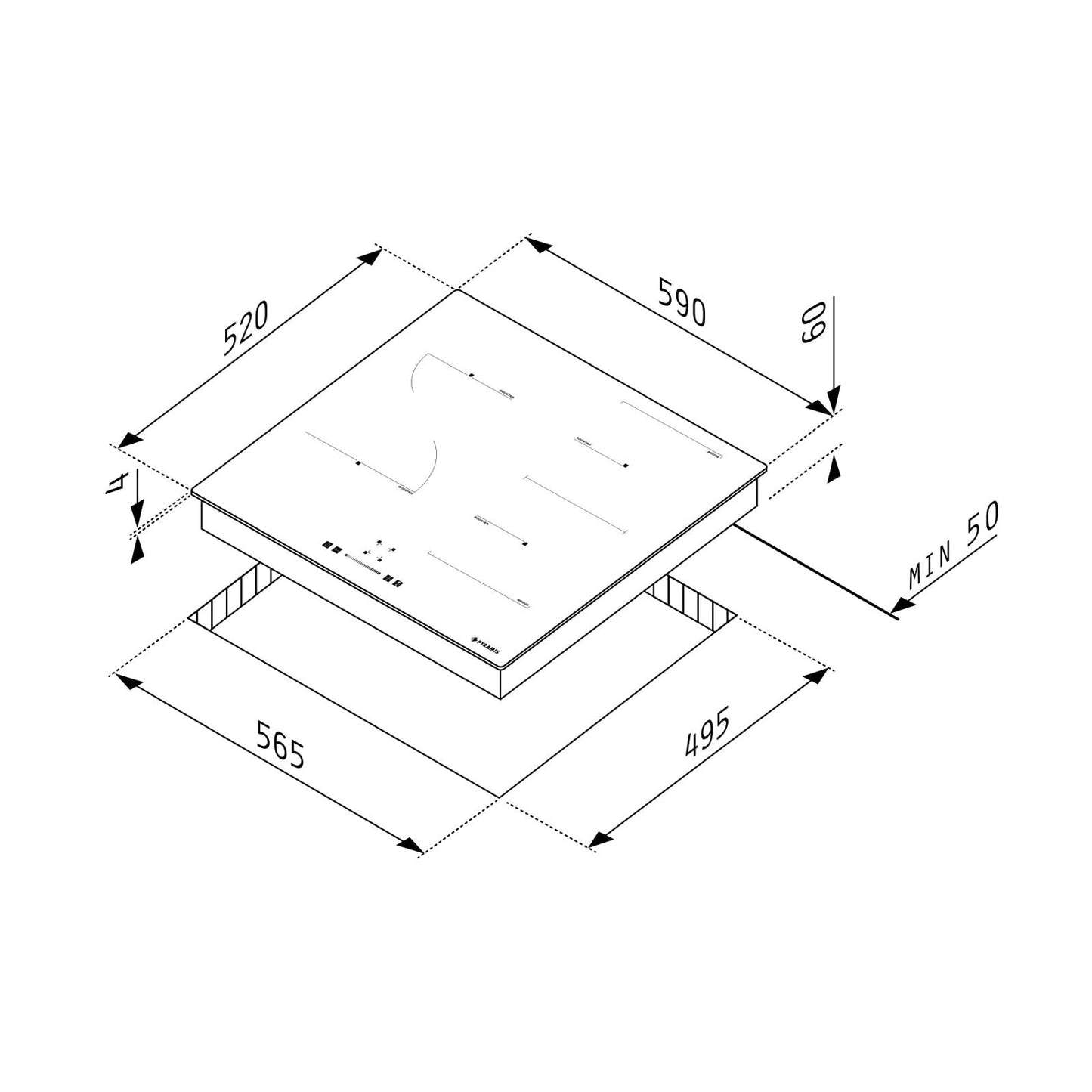 Plita inductie Pyramis PHI63432FMB Slider Touch Control, 4 zone de gatit, 2 zone Bridge, 9 trepte de putere, 59x52 cm - EpicHome.ro