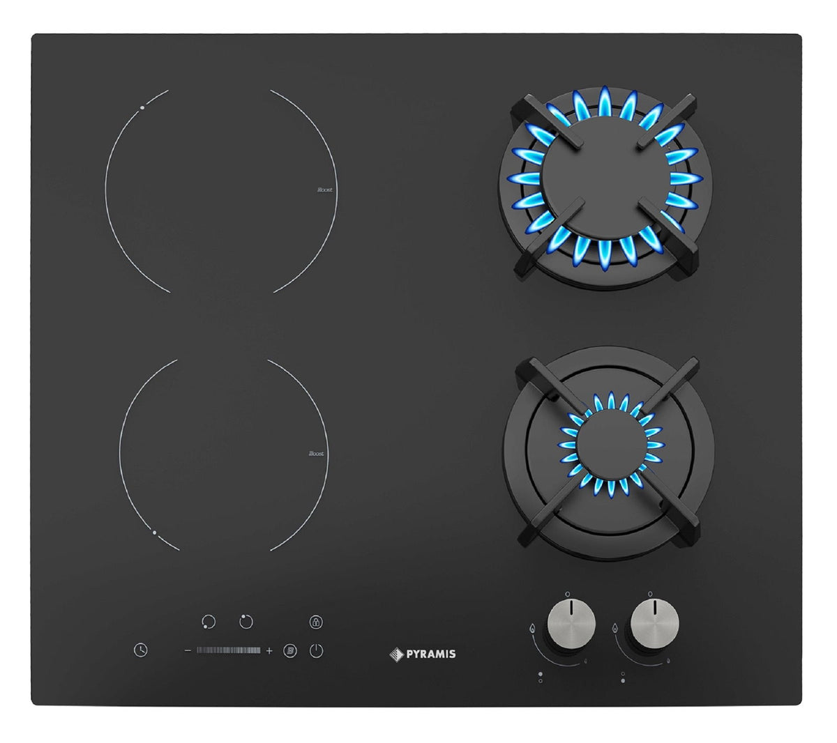 Plita mixta Pyramis 2+2 Gaz & Inductie, sticla neagra, 9 trepte de putere, 59x52 cm - EpicHome.ro