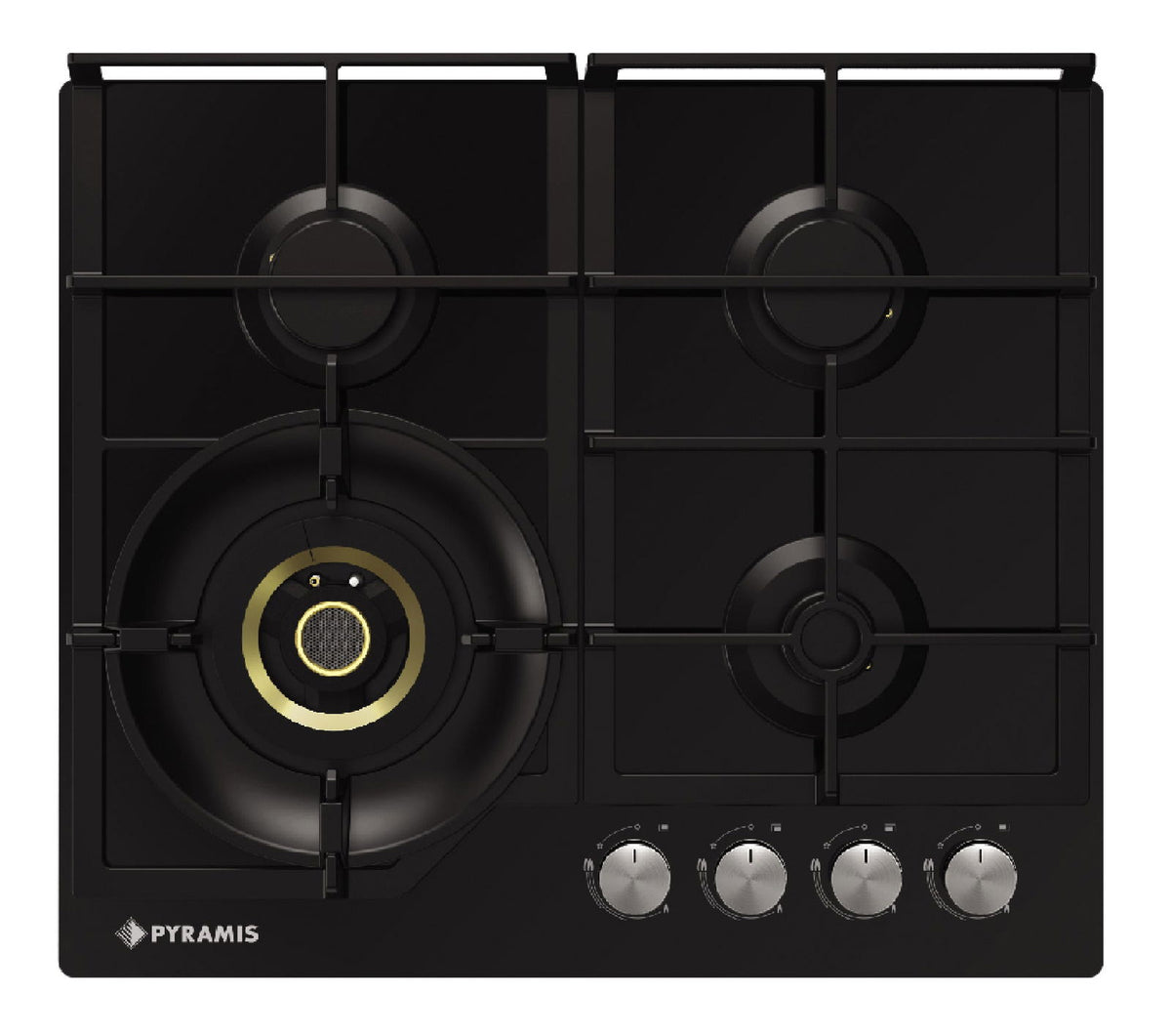 Plita pe gaz Pyramis 2.0 Wok HONEY Comb Black Glass, gratare fonta, 60x51,5 cm - EpicHome