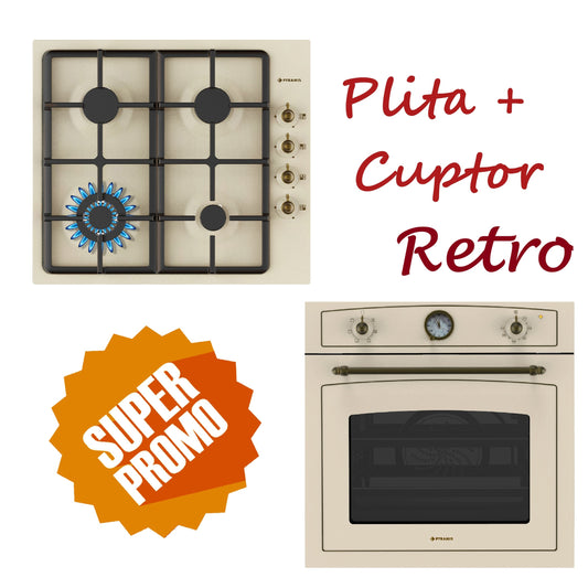 Set Rustic Pyramis 8070, cuptor electiric 6 functii, clasa A, volum 64 litri, ceas analog si plita gaz, wok, gratare fonta, finisaj antichizat