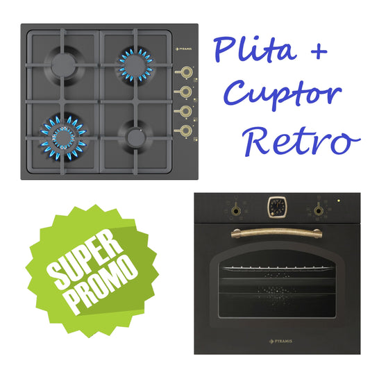 Set Rustic Pyramis 8071, cuptor electiric 6 functii, clasa A, volum 64 litri, ceas analog SQ si plita gaz, wok, gratare fonta, finisaj antichizat