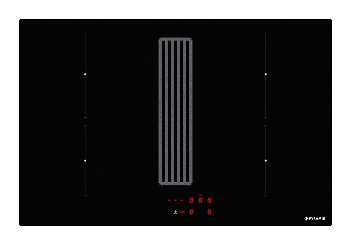 Ansamblu down air Pyramis ABYSSO, 580m³/h, Clasa A, plita inductie, 78cm, 4 zone de gatit, Power Management, Black Glass - EpicHome.ro