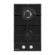 Plita gaz domino Pyramis 493 Wok Black Glass, dimensiune 30x52cm, 2 arzatoare, gratare fonta, butoane frontale