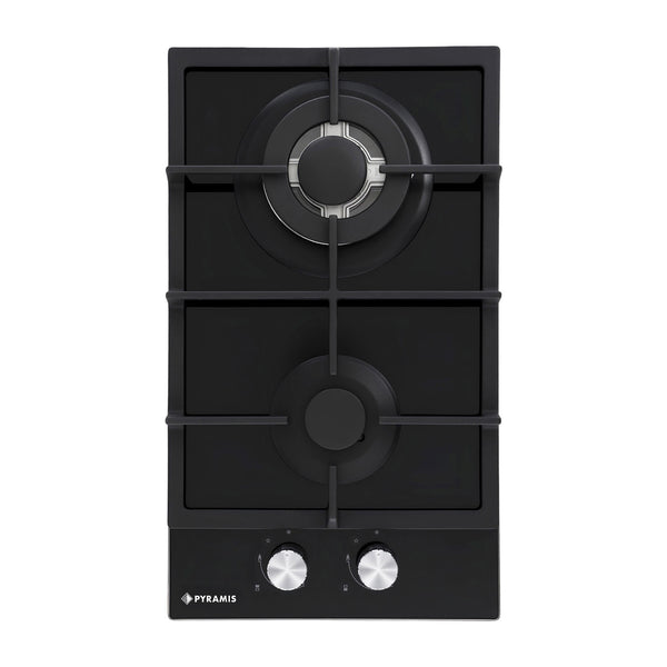 Plita gaz domino Pyramis 493 Wok Black Glass, dimensiune 30x52cm, 2 arzatoare, gratare fonta, butoane frontale