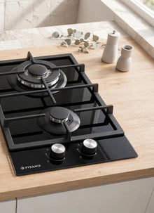 Plita gaz domino Pyramis 493 Wok Black Glass, dimensiune 30x52cm, 2 arzatoare, gratare fonta, butoane frontale