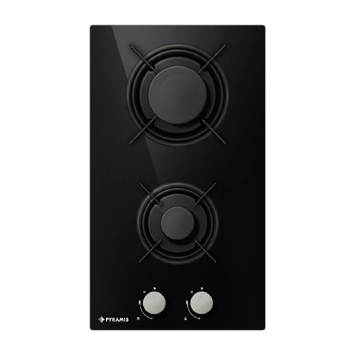 Plita gaz domino Pyramis 496 Black Glass, dimensiune 30x52cm, 2 arzatoare, gratare individuale din email, butoane frontale