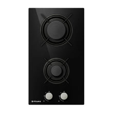 Plita gaz domino Pyramis 496 Black Glass, dimensiune 30x52cm, 2 arzatoare, gratare individuale din email, butoane frontale