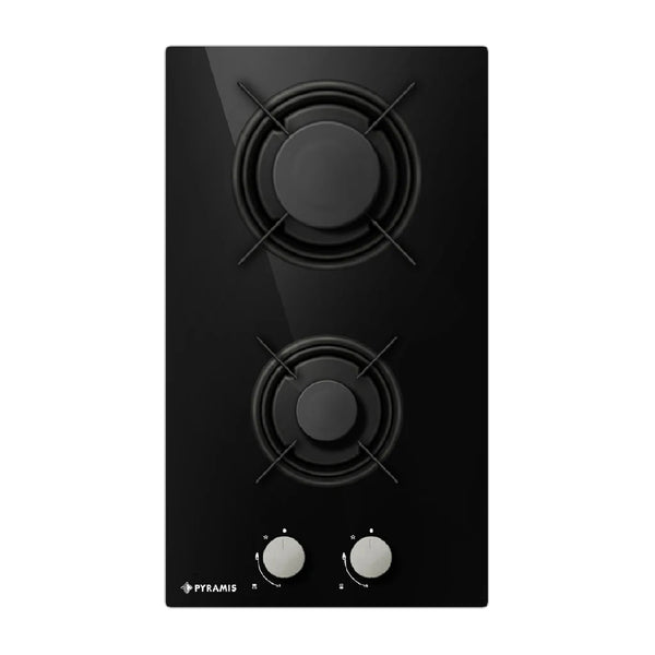Plita gaz domino Pyramis 496 Black Glass, dimensiune 30x52cm, 2 arzatoare, gratare individuale din email, butoane frontale