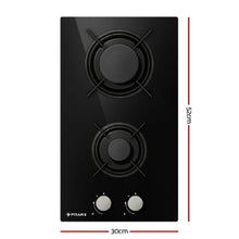 Plita gaz domino Pyramis 496 Black Glass, dimensiune 30x52cm, 2 arzatoare, gratare individuale din email, butoane frontale
