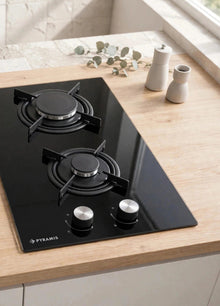 Plita gaz domino Pyramis 496 Black Glass, dimensiune 30x52cm, 2 arzatoare, gratare individuale din email, butoane frontale
