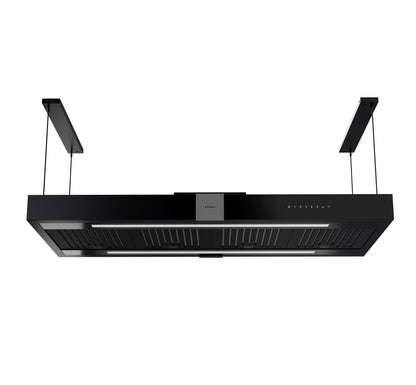 Hota decor insula Pyramis ERN1049, Control cu telecomanda, putere de absorbtie 945mc/h, 1 motor turbo, 130cm, finisaj sticla neagra