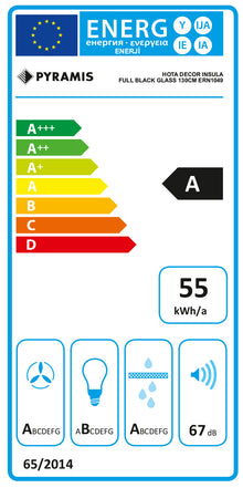 Hota decor insula Pyramis ERN1049, Control cu telecomanda, putere de absorbtie 945mc/h, 1 motor turbo, 130cm, finisaj sticla neagra