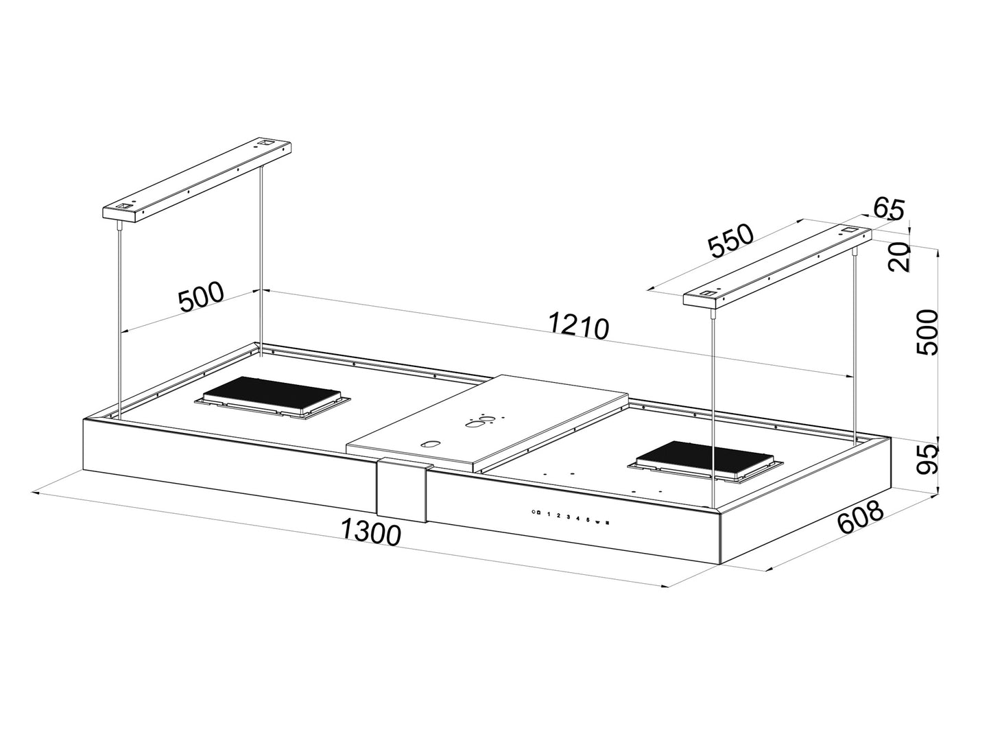 Hota decor insula Pyramis ERN1049, Control cu telecomanda, putere de absorbtie 945mc/h, 1 motor turbo, 130cm, finisaj sticla neagra
