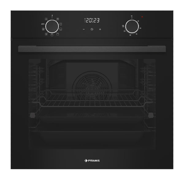 Cuptor electric Pyramis 60IN 4030 ND Smoked 3Glass, 9 functii, clasa A, 76 litri, Soft Close, AirFry, ghidaje telescopice, butoane retractabile mari, timer digital