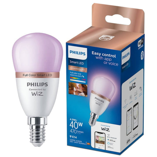 Bec LED RGB inteligent Philips Bulb, Wi-Fi, Bluetooth, P45, E14, 4.9W (40W), 470 lm, lumina colorata, clasa energetica F - EpicHome