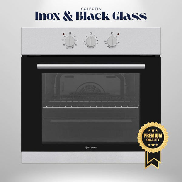 Cuptor electric Pyramis 60IN 6001 Inox & Black Glass, 8 functii, clasa A, 69 litri, timer mecanic, butoane rotative