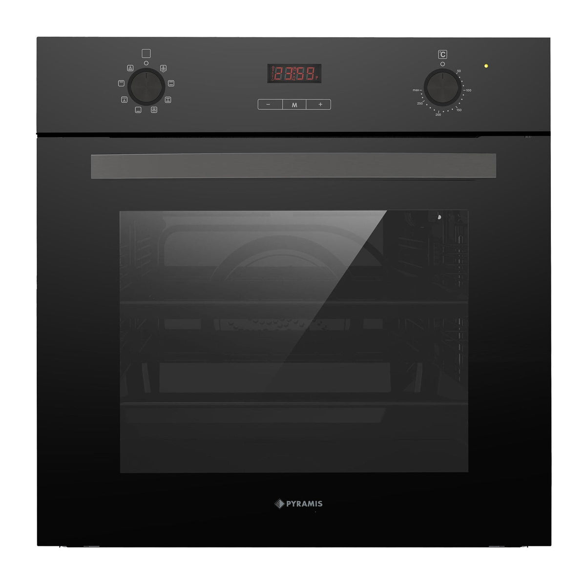 Cuptor electric Pyramis 60IN 8061 Full Black Glass, 8 functii, clasa A, 64 litri, Rotisor, Soft Close, butoane retractabile - EpicHome.ro