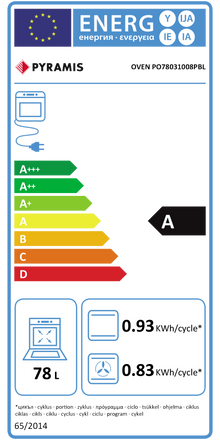 Cuptor electric Pyramis PO78031008PBL Black Glass, 8 functii, clasa A, 78 litri, timer mecanic, butoane retractabile - EpicHome.ro