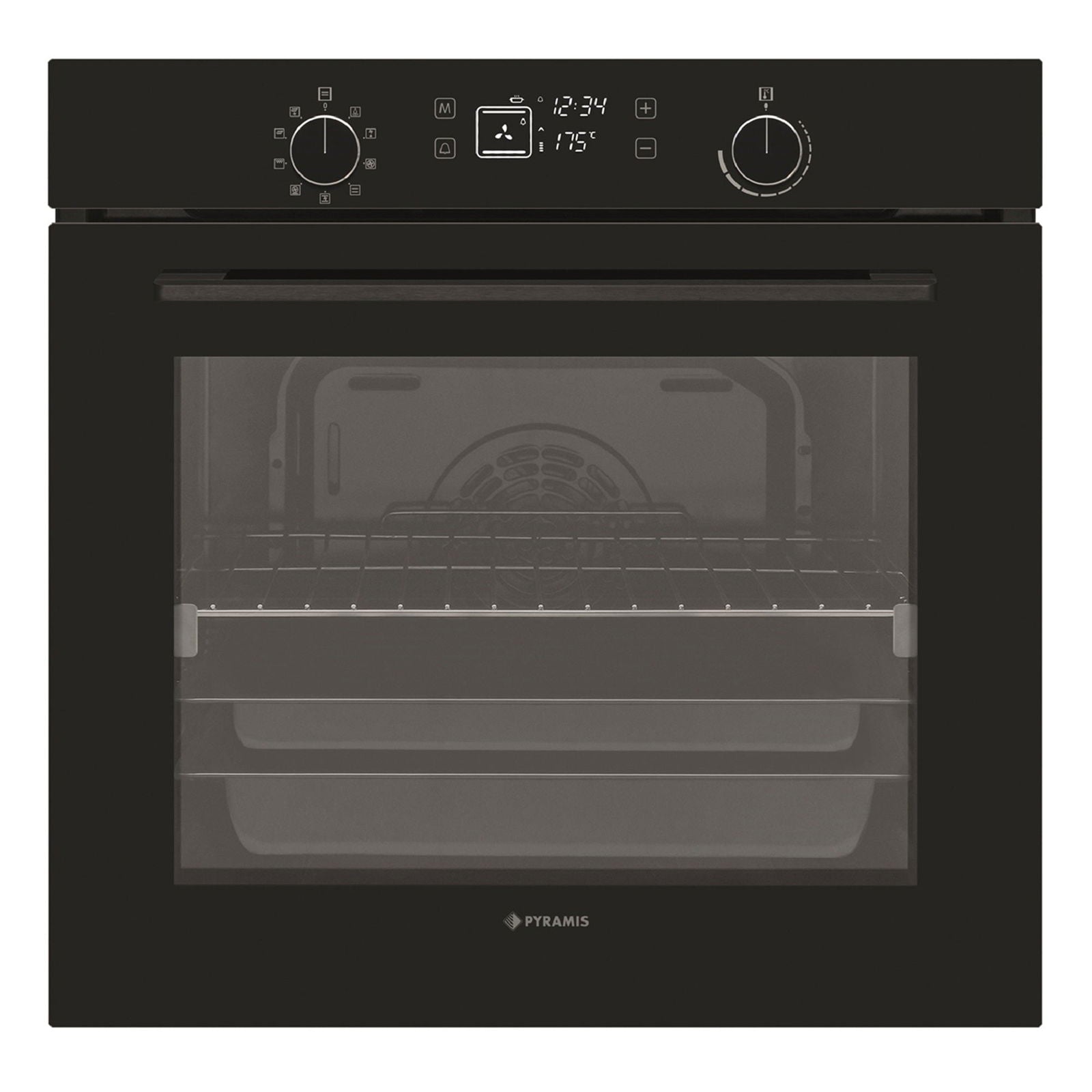 Cuptor electric Pyramis PO78082009SBL Full Black Glass, 9 functii, clasa A, volum 78 litri, timer digital, Soft Close, Cool Touch, ghidaje telescopice - EpicHome.ro