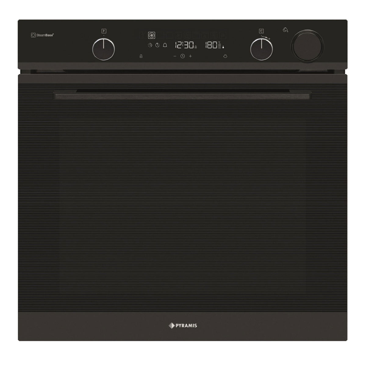 Cuptor electric Pyramis PO78104010EBL? Full Black Glass, 10 functii, clasa A, volum 78 litri, Soft Close, Cool Touch, Steam Base+, ghidaje telescopice - EpicHome.ro