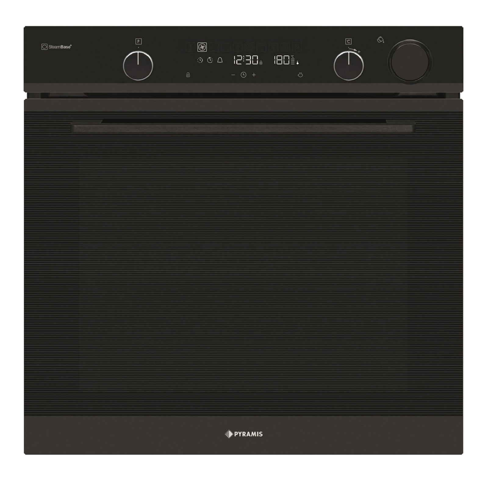 Cuptor electric Pyramis PO78104010EBLΜ Full Black Glass, 10 functii, clasa A, volum 78 litri, Soft Close, Cool Touch, Steam Base+, ghidaje telescopice - EpicHome.ro