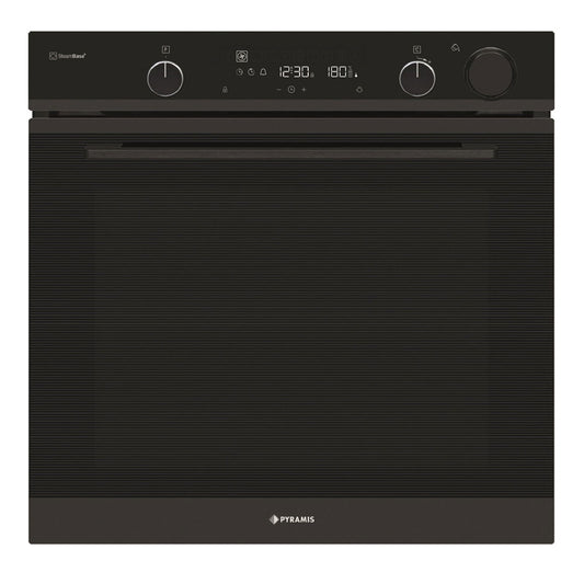 Cuptor electric Pyramis PO78104010EBLΜ Full Black Glass, 10 functii, clasa A, volum 78 litri, Soft Close, Cool Touch, Steam Base+, ghidaje telescopice - EpicHome.ro