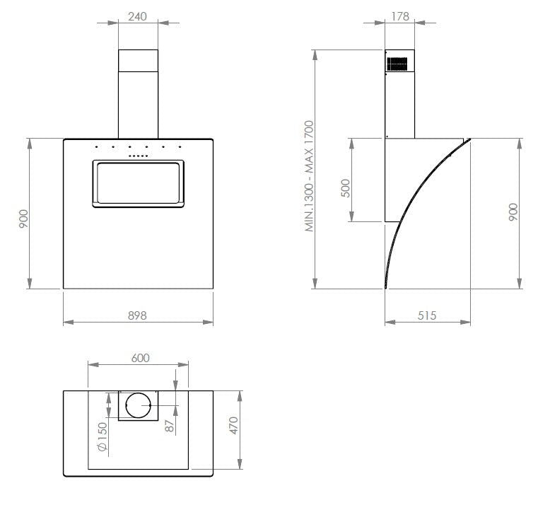 Hota design Pyramis KA8250 Black Glass, 1 motor turbo, Touch Control, 645m³h - EpicHome.ro