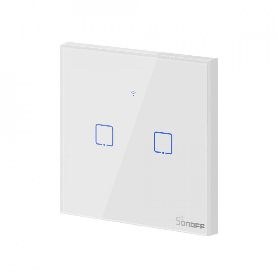 Intrerupator smart Sonoff T0EU2C TX, Wireless, cu touch, 2 canale, sticla, Alb - EpicHome.ro
