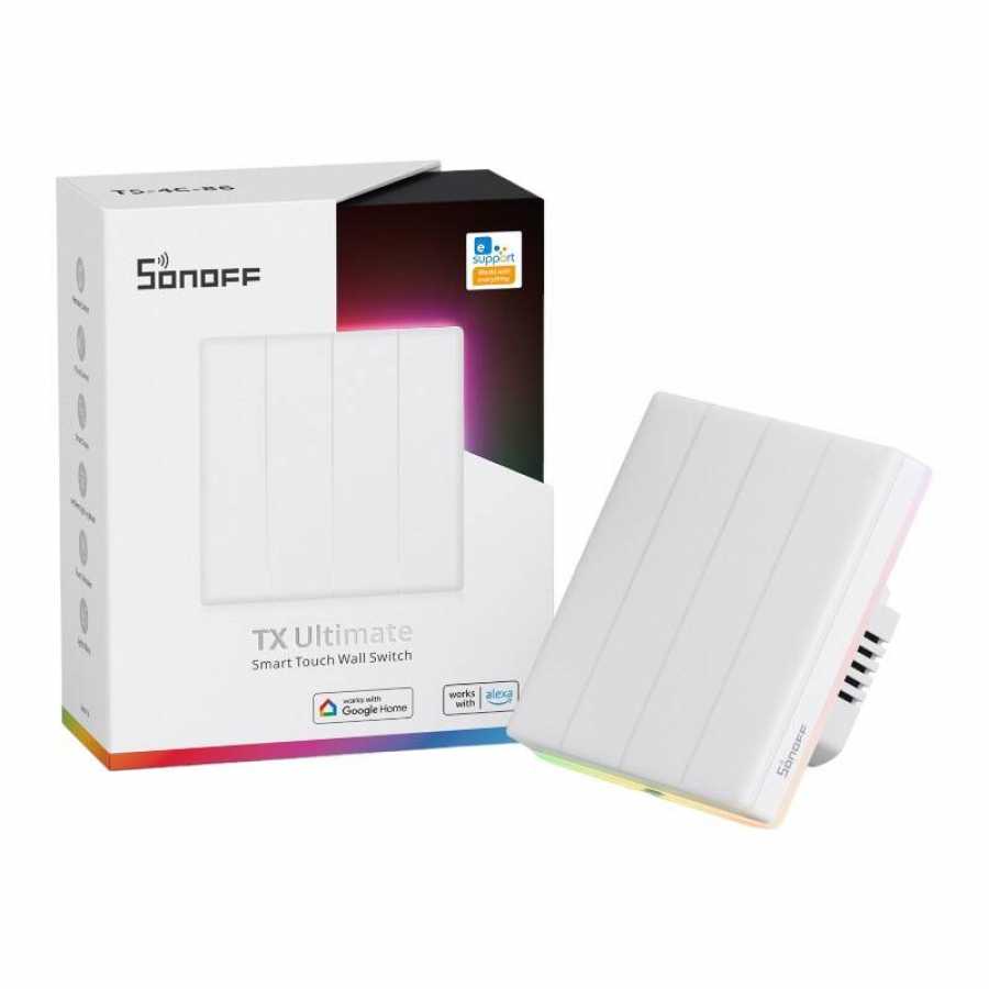 Intrerupator smart Sonoff T5-4C-86, Wireless cu full touch (4 canale), lumina LED 5A/1200W - EpicHome.ro