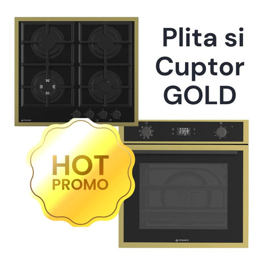 Pachet PROMO Pyramis plita pe gaz 8080 + cuptor electric 60IN 8080 PVD & Black Glass, Gold - EpicHome
