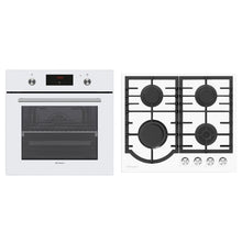 Pachet Pyramis 13P, cuptor electric incorporabil si plita gaz, 8 functii, clasa A, volum 69 litri, butoane retractabile, Soft Close, 4 arzatoare, gratare fonta, finisaj sticla alba - EpicHome.ro