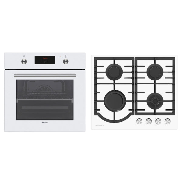 Pachet Pyramis 13P, cuptor electric incorporabil si plita gaz, 8 functii, clasa A, volum 69 litri, butoane retractabile, Soft Close, 4 arzatoare, gratare fonta, finisaj sticla alba - EpicHome.ro