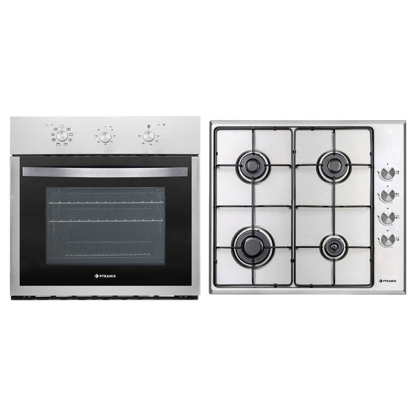 Pachet Pyramis 1P IX, cuptor electric incorporabil si plita gaz, 8 functii, clasa A, volum 63 litri, butoane rotative, Grill, 4 arzatoare, gratare emailate, finisaj Inox - EpicHome.ro
