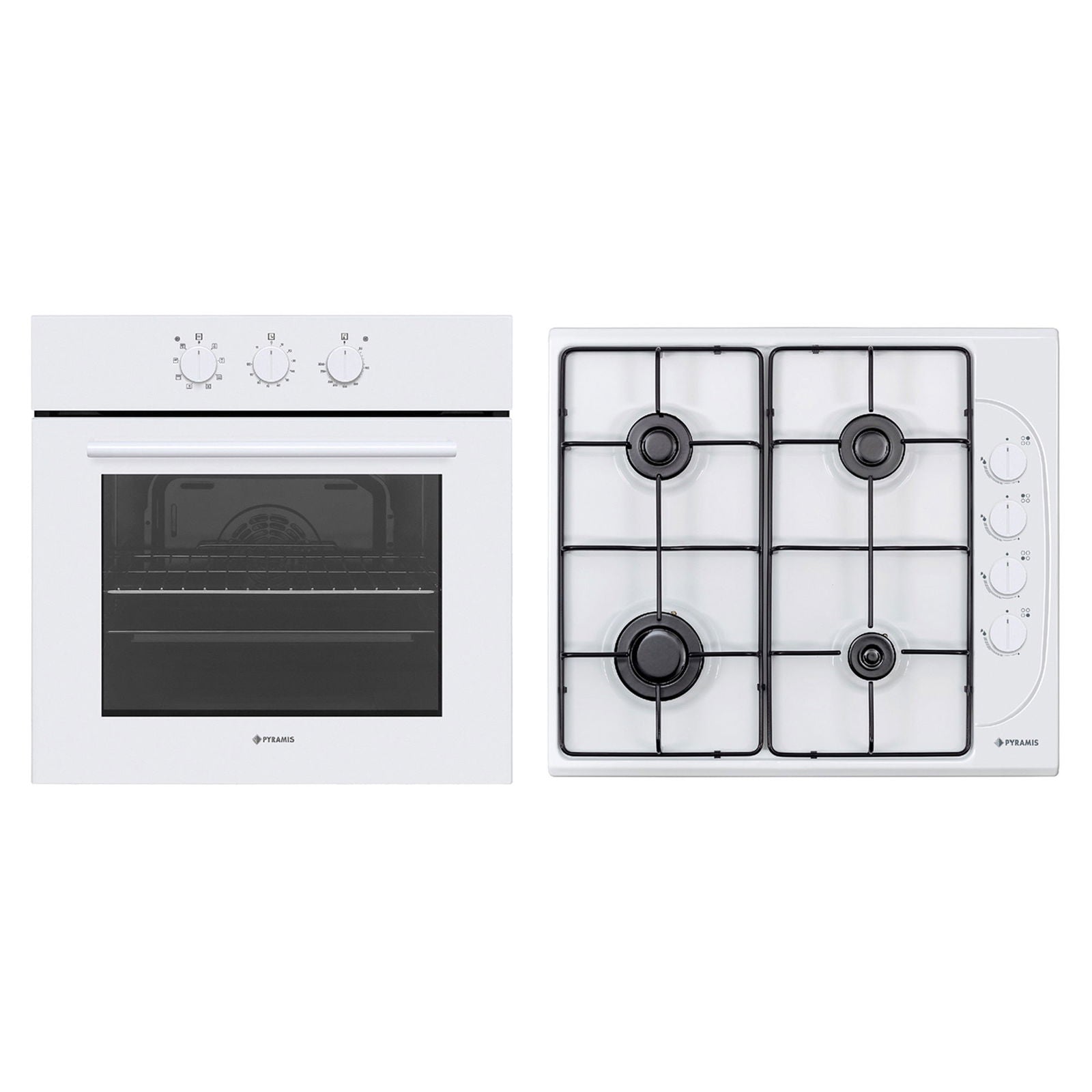 Pachet Pyramis 4P, cuptor electric incorporabil si plita gaz, 8 functii, clasa A, volum 69 litri, butoane rotative, Grill, 4 arzatoare, gratare emailate, finisaj sticla alba si email - EpicHome.ro