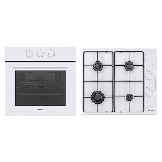 Pachet Pyramis 4P, cuptor electric incorporabil si plita gaz, 8 functii, clasa A, volum 69 litri, butoane rotative, Grill, 4 arzatoare, gratare emailate, finisaj sticla alba si email - EpicHome.ro