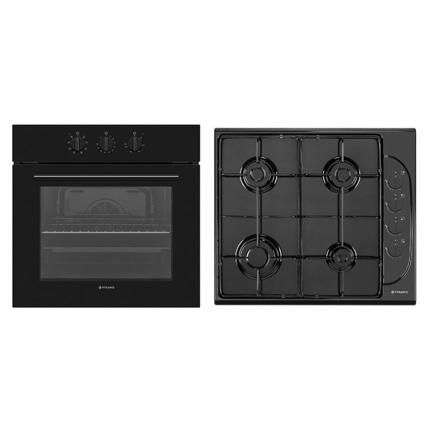 Pachet Pyramis 5P, cuptor electric incorporabil si plita gaz, 8 functii, clasa A, volum 69 litri, butoane rotative, Grill, 4 arzatoare, gratare emailate, finisaj sticla neagra si email - EpicHome.ro