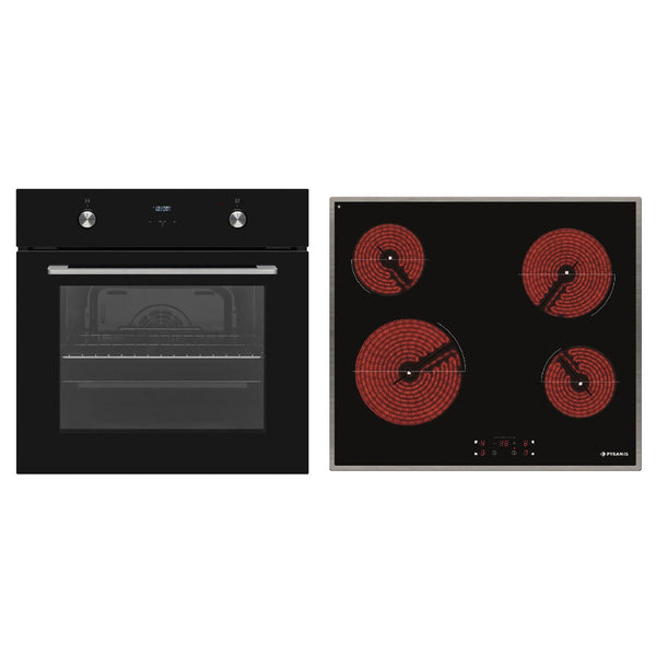 Pachet Pyramis 8P, cuptor electric incorporabil si plita vitroceramica, 8 functii, clasa A, volum 69 litri, butoane retractabile, Grill, 4 zone de gatit, finisaj sticla neagra si inox - EpicHome.ro