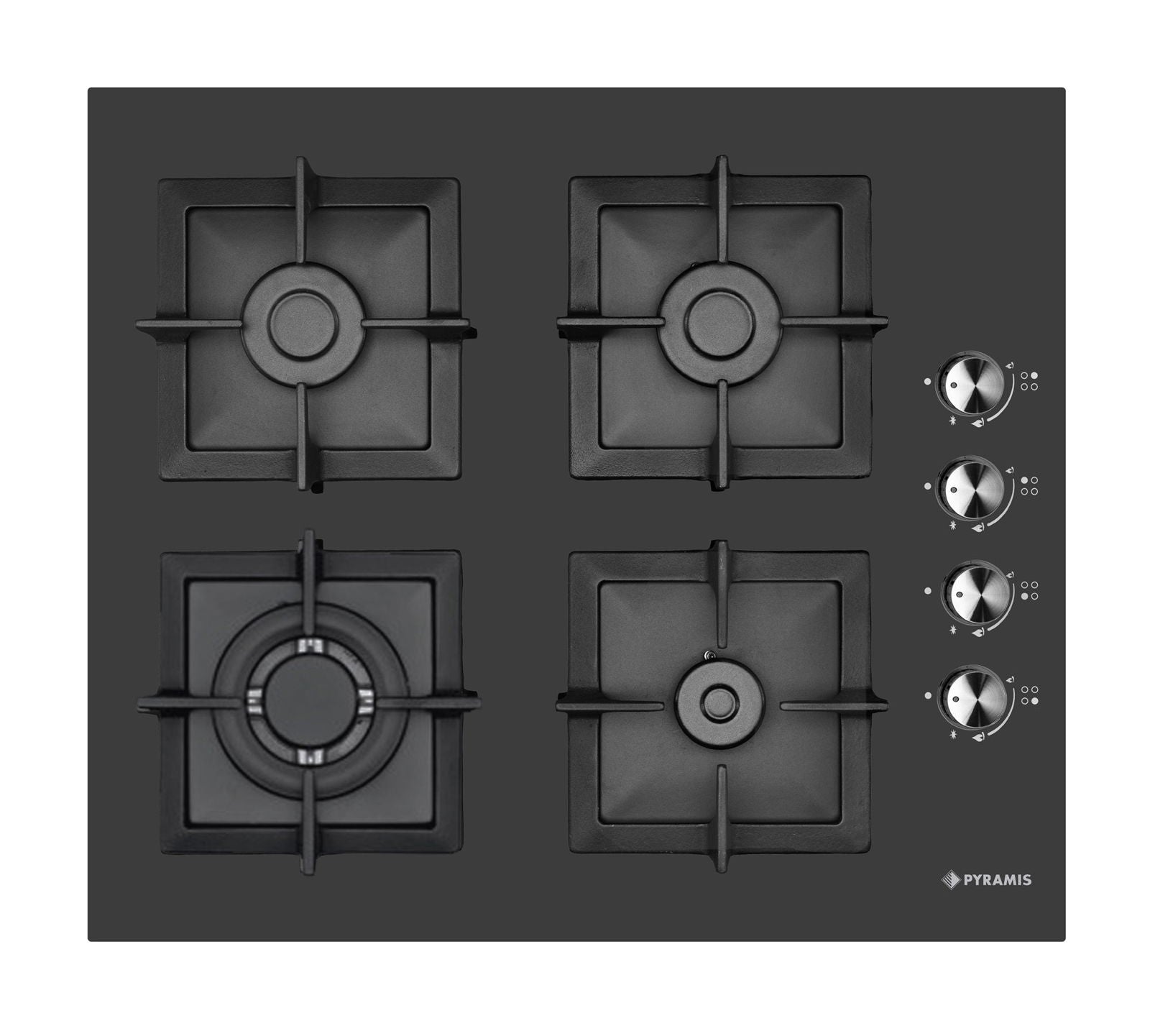 Plita gaz Pyramis 2226 Wok Black Glass Cast Iron Protection, gratare individuale fonta, 59x51,5 cm - EpicHome.ro